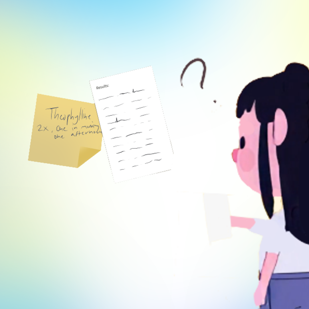 Illustration of a girl staring in confusion at a sticky note dosage reminder and a page of test results