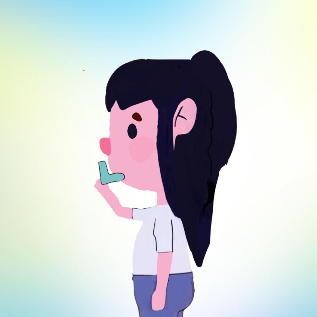 Illustration of a girl using an inhaler, unsure what her symptoms mean
