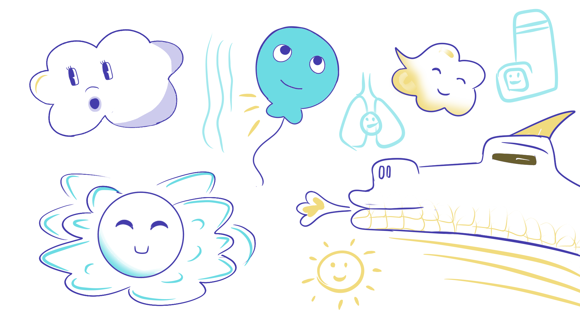 Rough mascot sketches — clouds, a balloon character, lungs, and a toothbrush, exploring Aira's visual identity