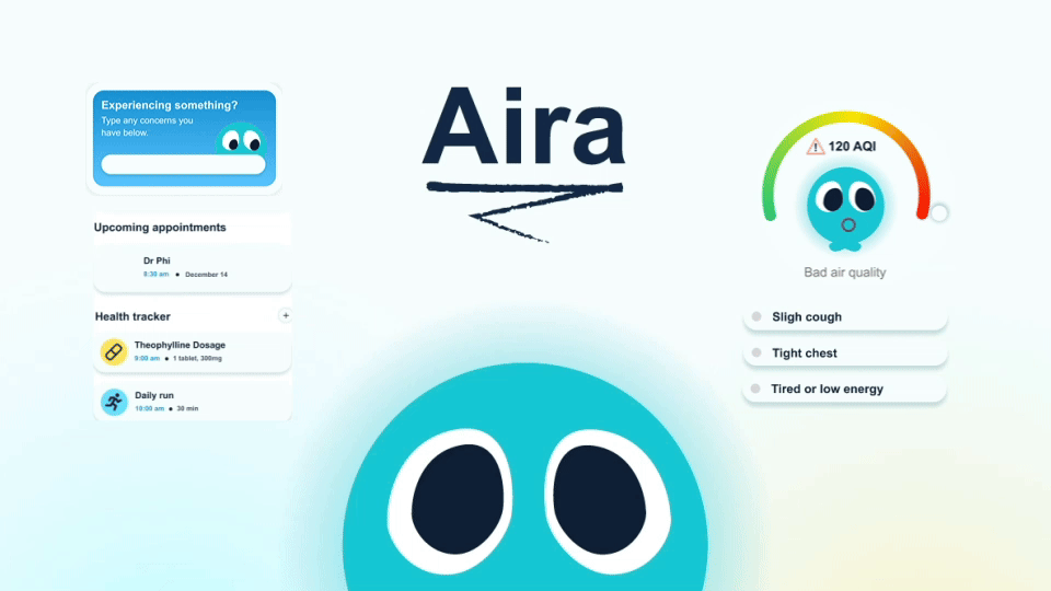 Aira app — screens showing appointment tracker, air quality index, and health tracker