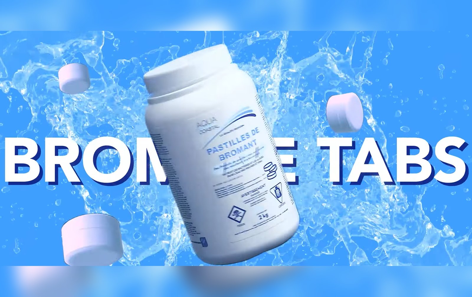 Aqua Coastal product video thumbnail: a jar of bromine tabs tumbling through a water splash