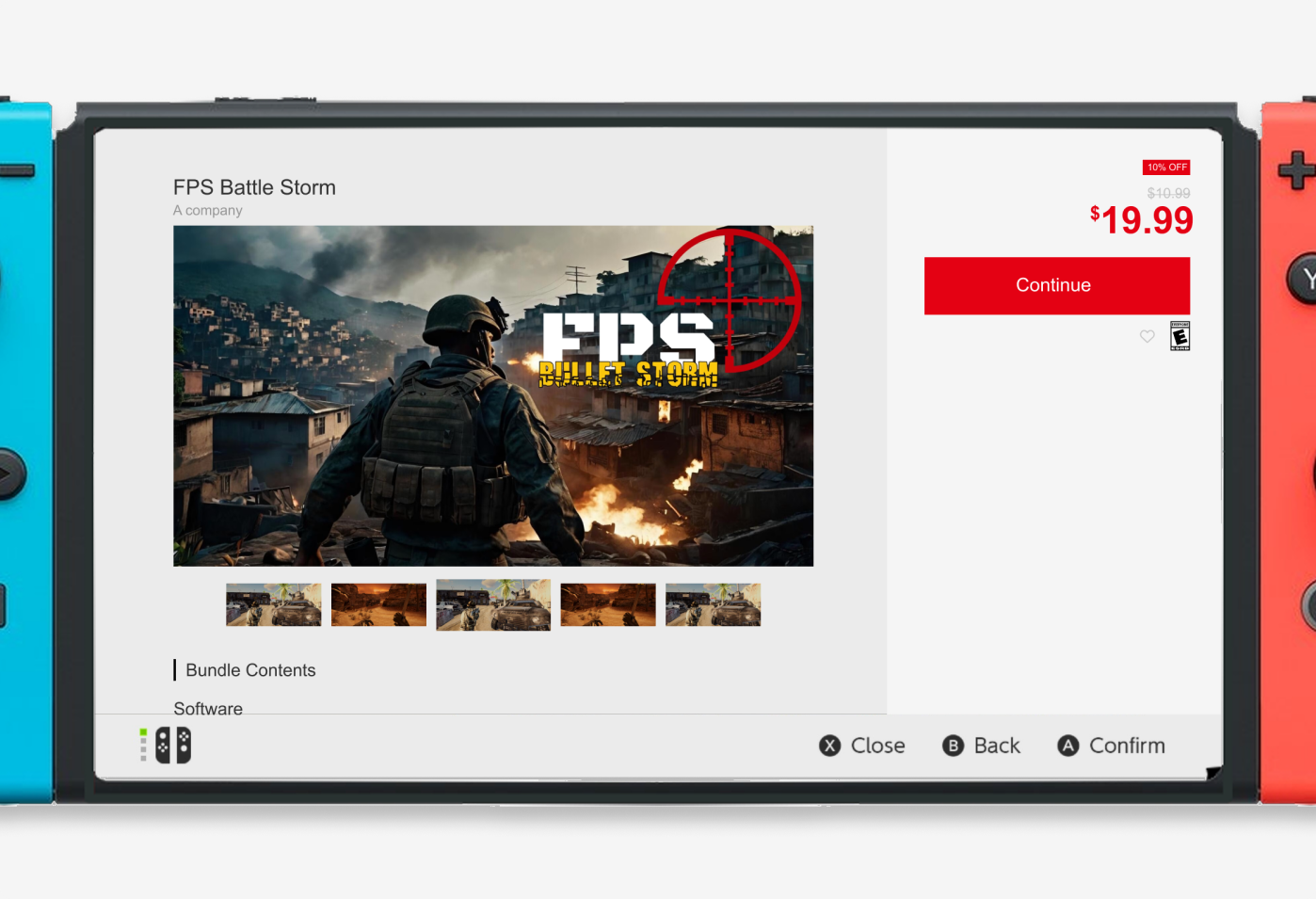 The eShop game details page as it stands today, shown on a Switch — box art, screenshots, price and Continue button, with no ratings, reviews or disclosure anywhere on it