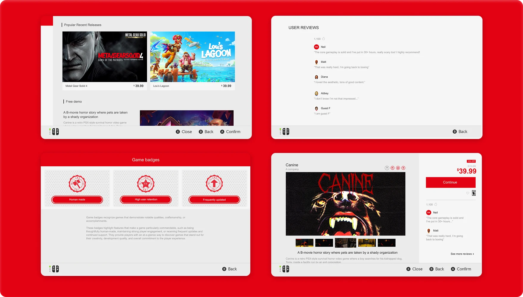 The four finished screens laid out on a red board: the Recent releases page with a Popular Recent Releases shelf and a Free demo block for Canine; a full-page user review list with a like count and five reviews; a Game badges explainer showing the three red badges — Human made, High user retention, Frequently updated — above a description of what each recognizes; and the Canine game details page with its price, Continue button, and a review sidebar