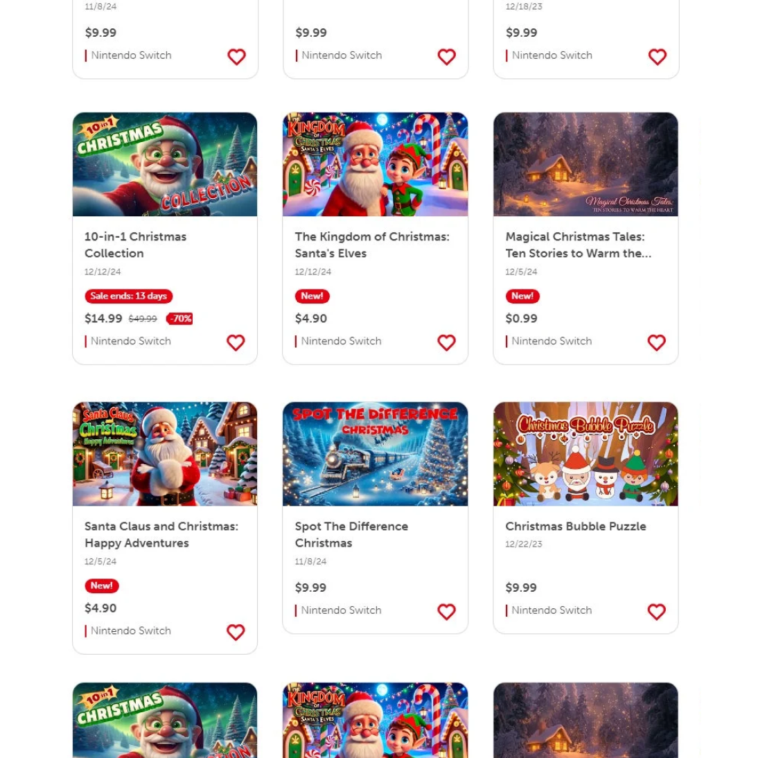 A grid of eShop listings for near-identical budget Christmas games — each showing only a title, date and price, with no rating or review anywhere on the card