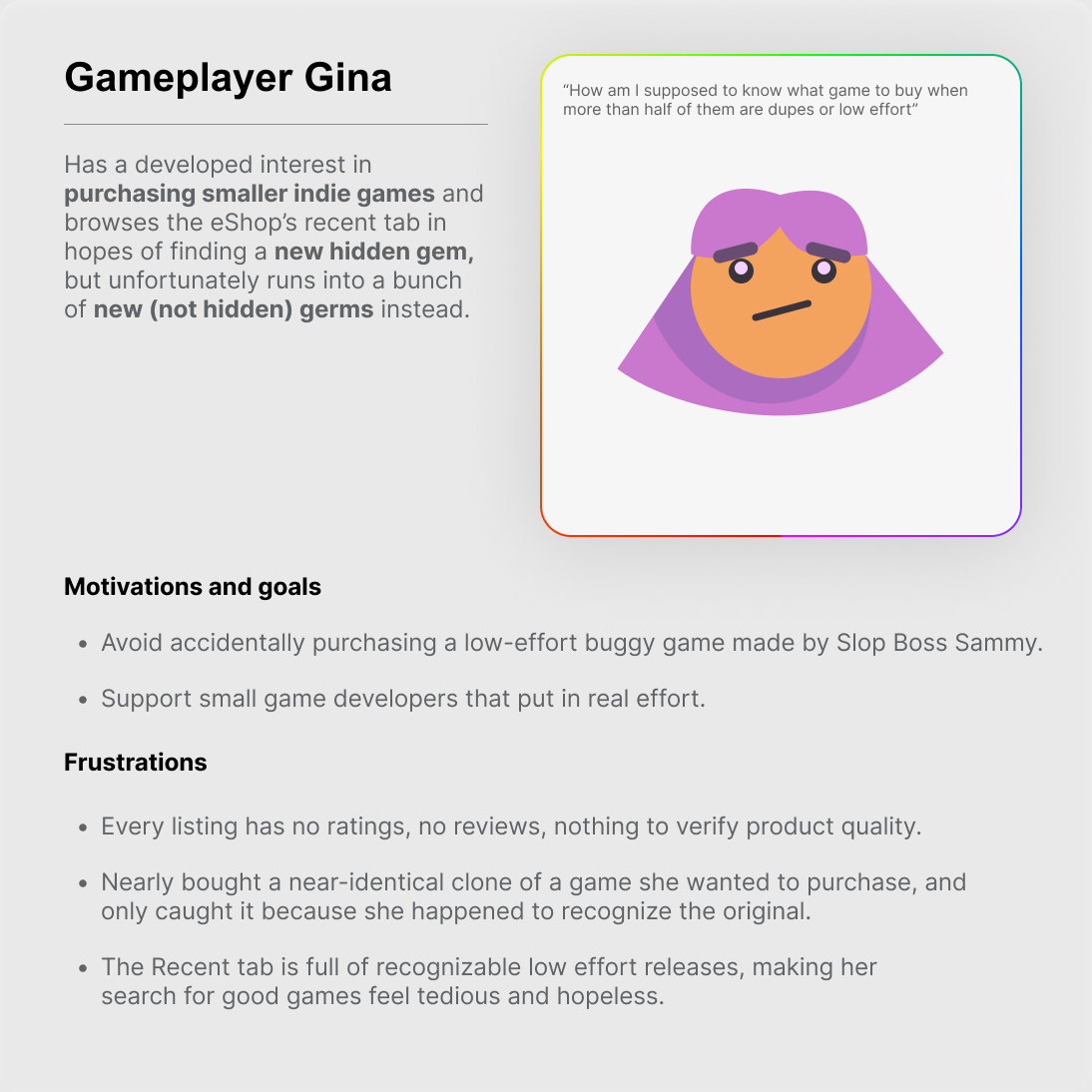 Gameplayer Gina persona — an indie-game buyer asking how she is supposed to tell which listings are duplicates or low effort, with her motivations and frustrations listed underneath