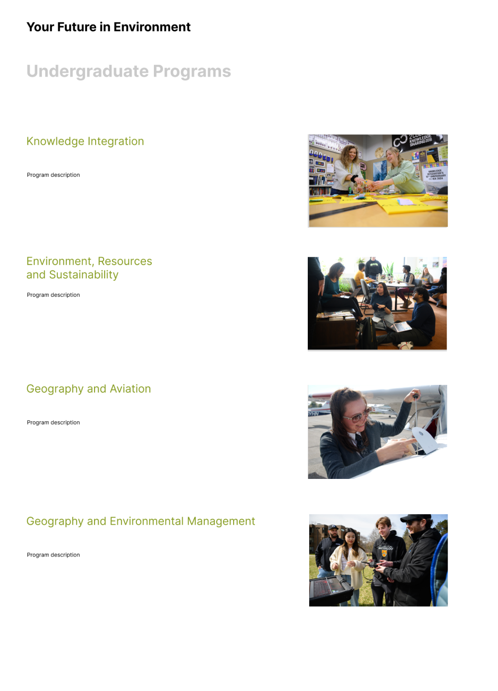 Option A — 'Your Future in Environment' redesign, single-column program list, scrollable