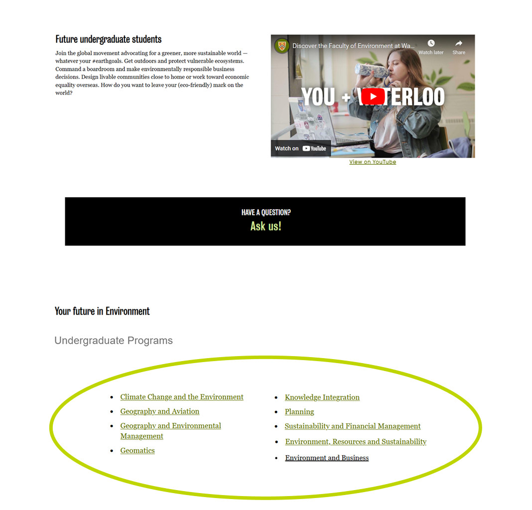 Future undergraduate students page — video embed, 'Have a question? Ask us!' banner, and Your Future in Environment program list