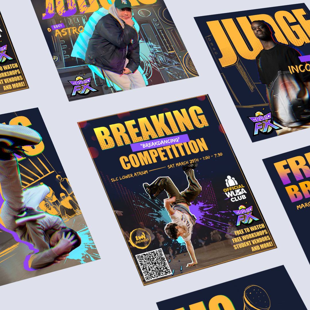 Ground FX posters for the breaking competition, the judges and the workshops, laid out as a set
