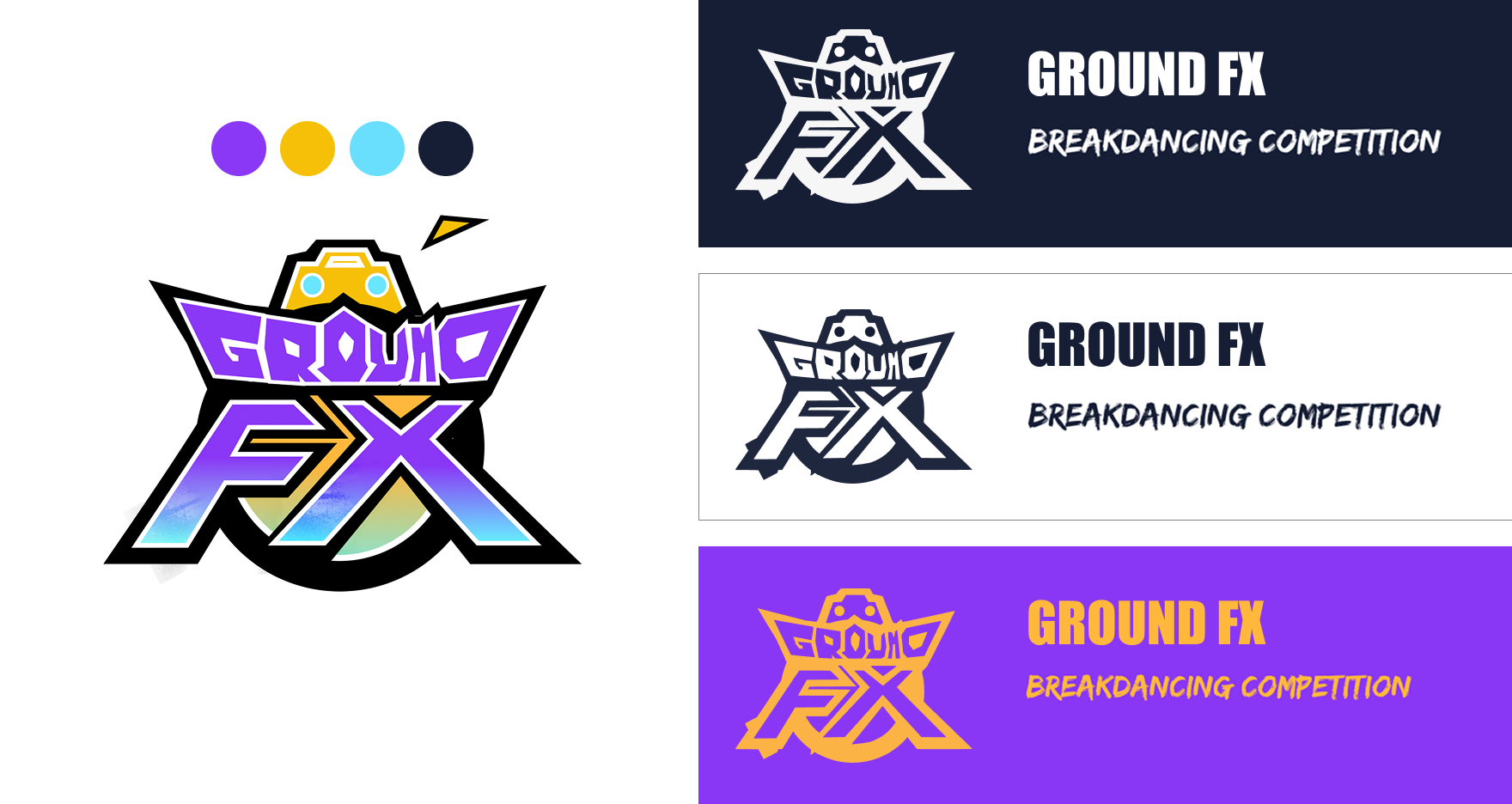 The Ground FX logo system: the primary mark with its colour palette, and horizontal lockups on dark, light and purple backgrounds
