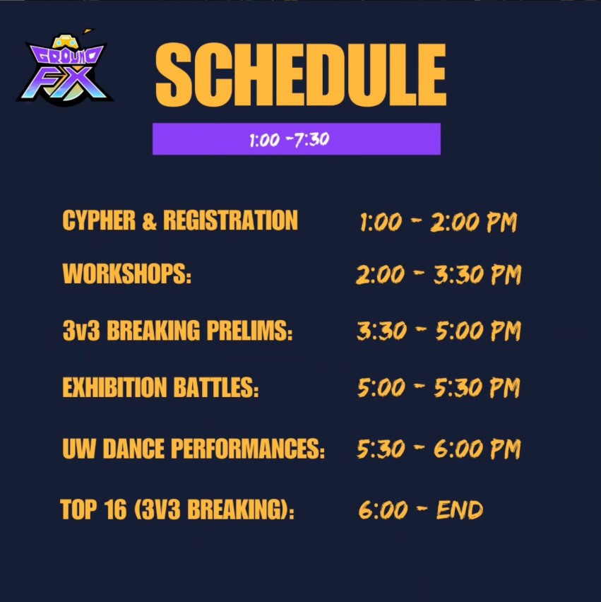 The Ground FX event schedule: cypher and registration at 1:00, workshops at 2:00, 3v3 prelims at 3:30, exhibition battles at 5:00, UW dance performances at 5:30, and the top 16 from 6:00
