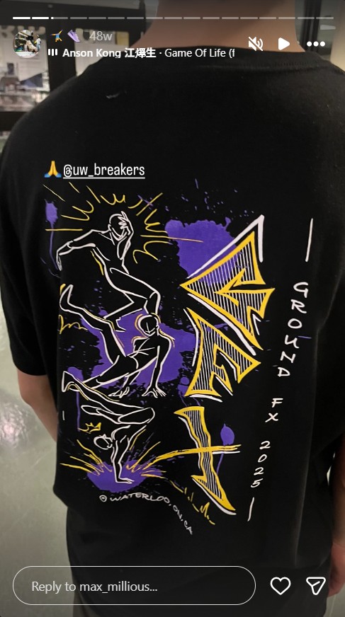 The back print of the Ground FX shirt, a graffiti-style breaker drawn in yellow and purple