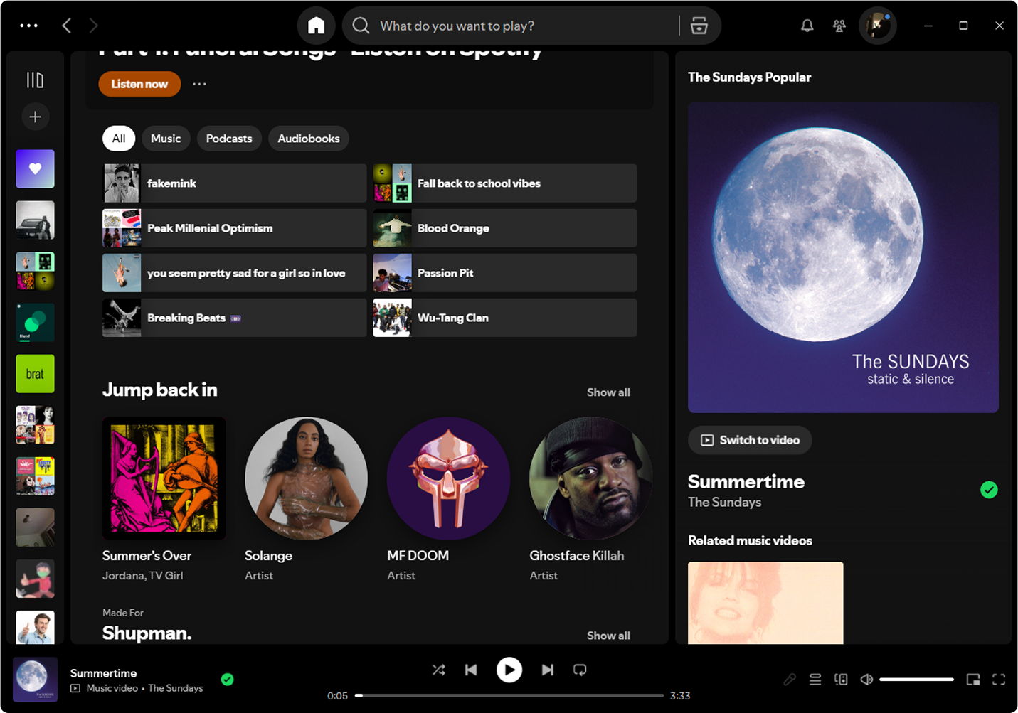 Jaydon's Spotify home screen, showing recently played playlists including Peak Millenial Optimism and Breaking Beats, artists Solange, MF DOOM and Ghostface Killah, and Summertime by The Sundays playing