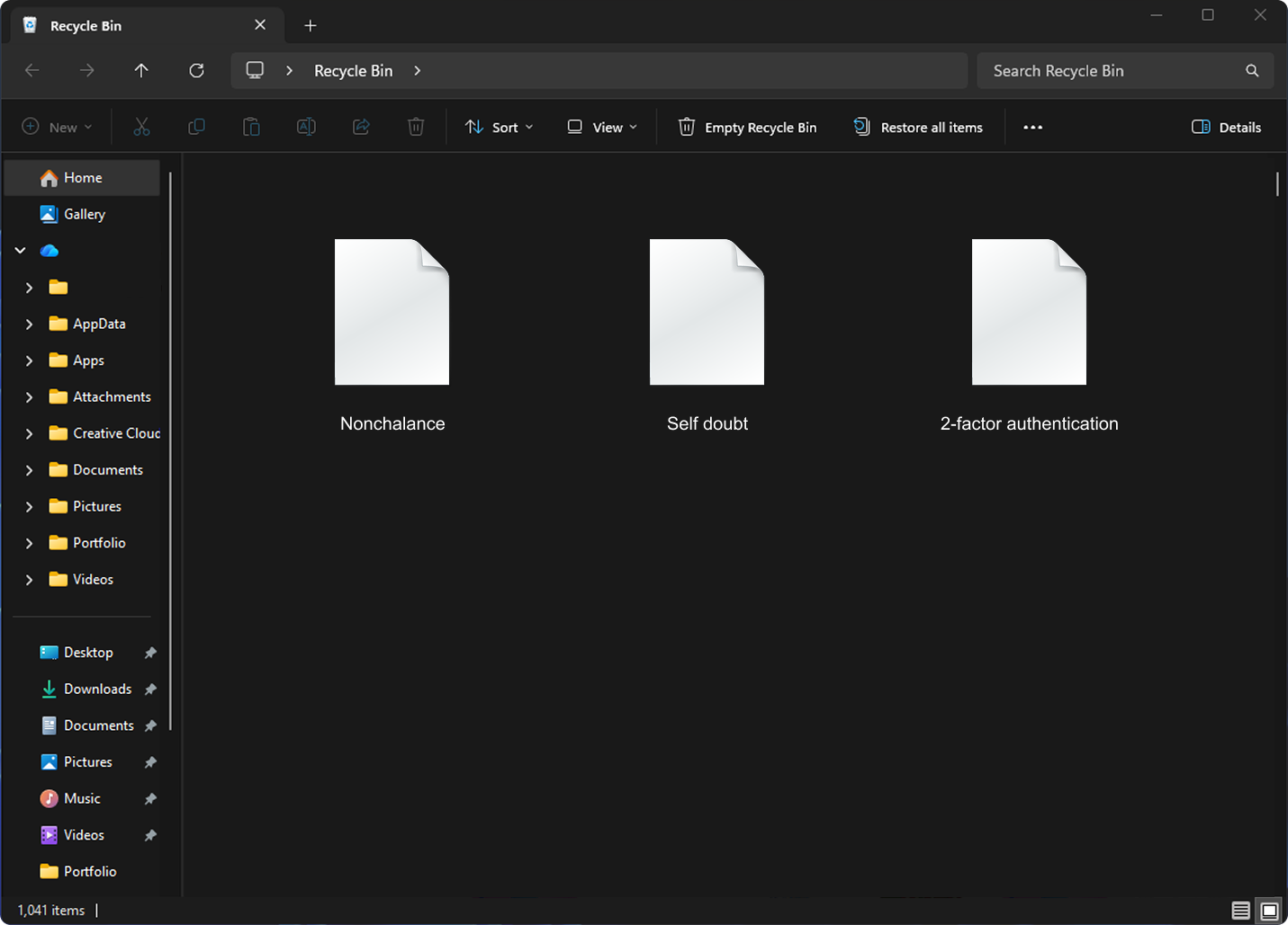 A Windows Recycle Bin window holding three deleted files, named Nonchalance, Self doubt, and 2-factor authentication